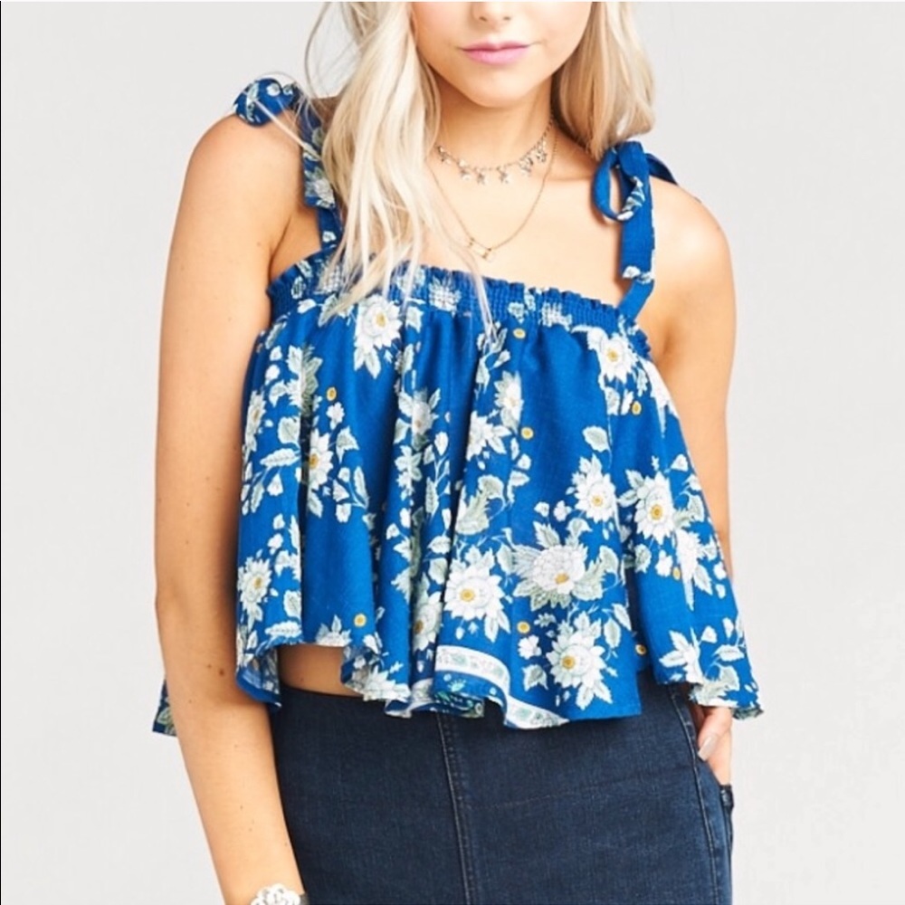 Show Me Your MuMu Blue Floral Tie-Shoulder Crop Top